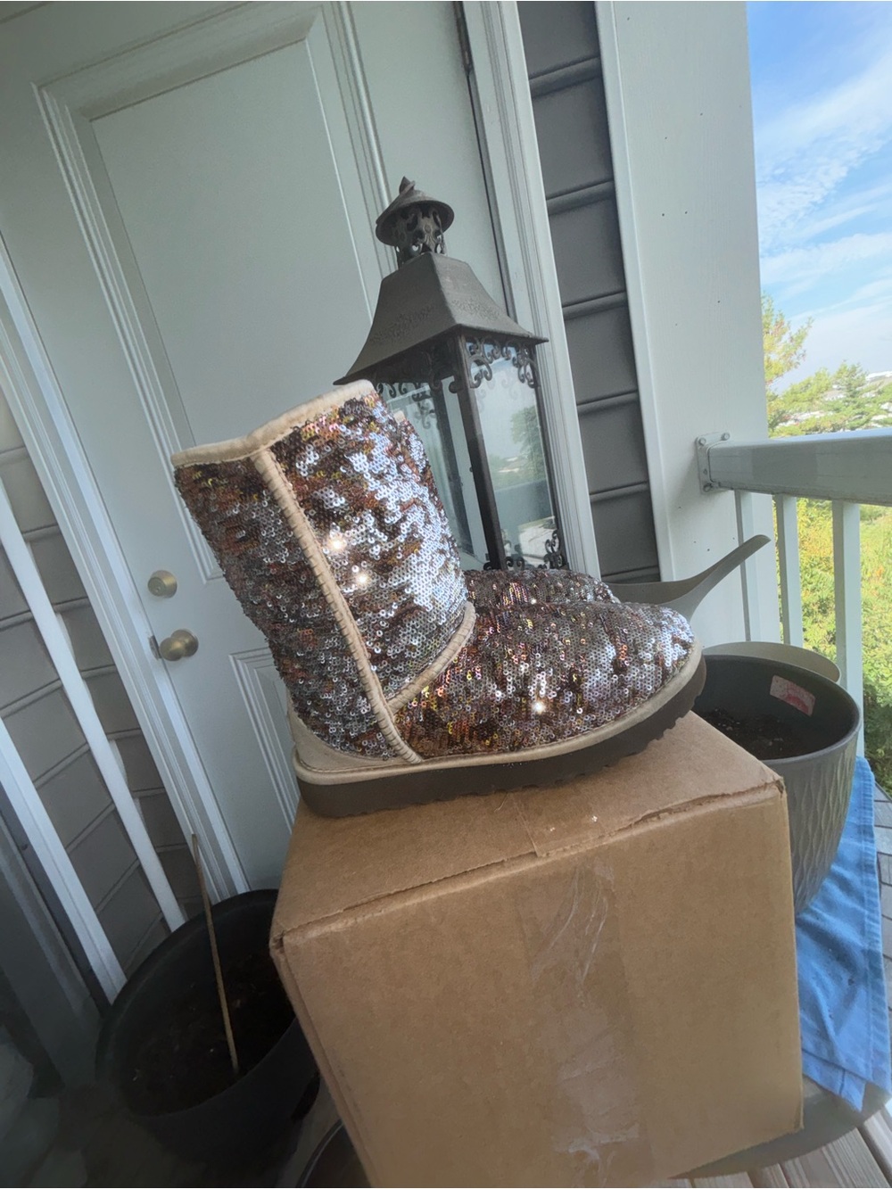 UGG Sequin Short Boot in Brown and Gold with Cream Trim